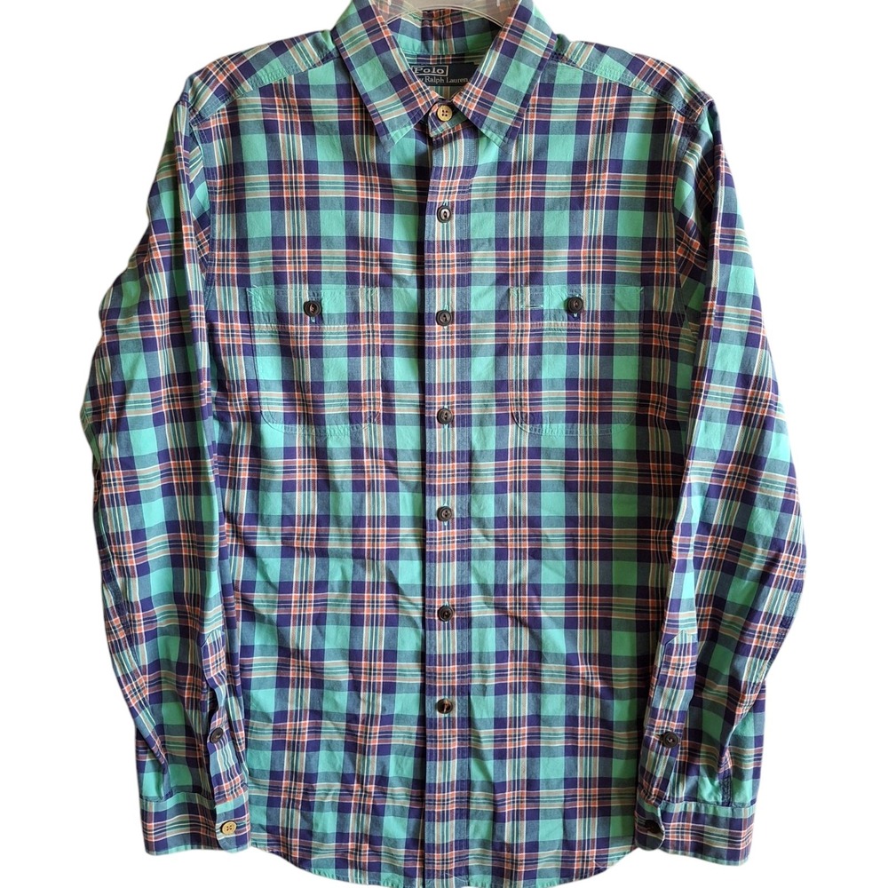 Vtg Polo Ralph Lauren Mens Medium Shirt Turquoise Plaid Button Up Long‎ Sleeve